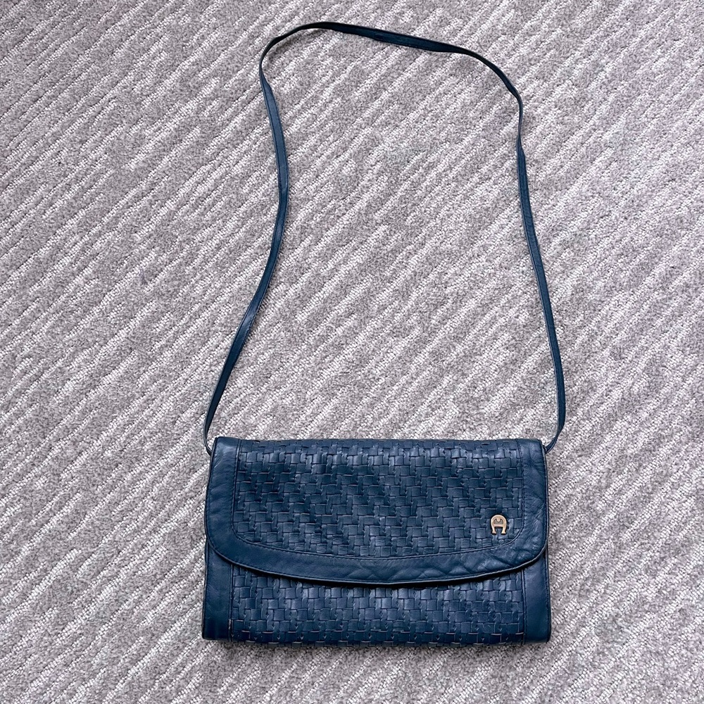 Etienne Aigner navy blue woven leather bag